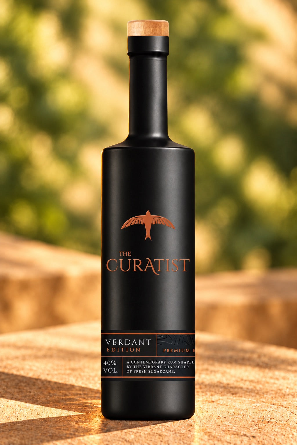The Curatist Verdant Edition bottle in dappled light