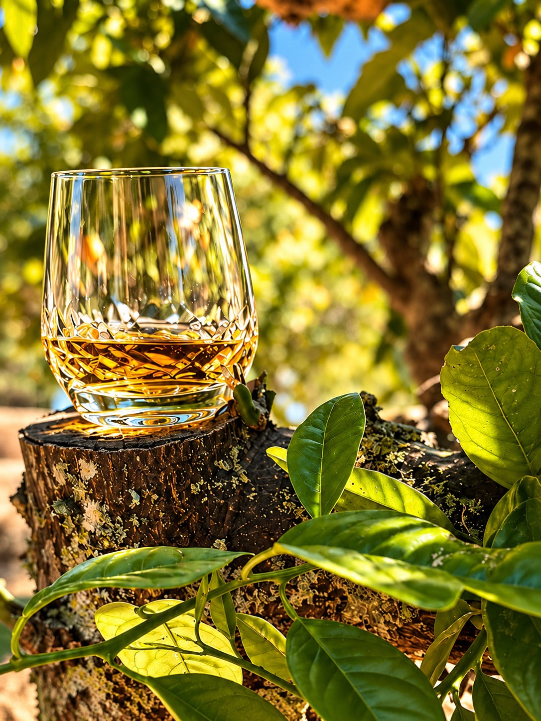 A glass of Verdant among citrus leaves